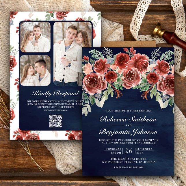Invitation Mariage Navy Floral Marsala Rustique Code QR Photo (Créateur téléchargé)