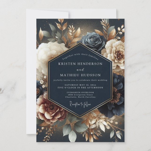 Invitation Mariage Navy Gilded Bloom (Devant)