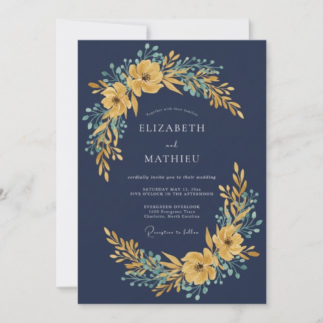 Invitation Mariage Navy Gold Blossom (Devant)