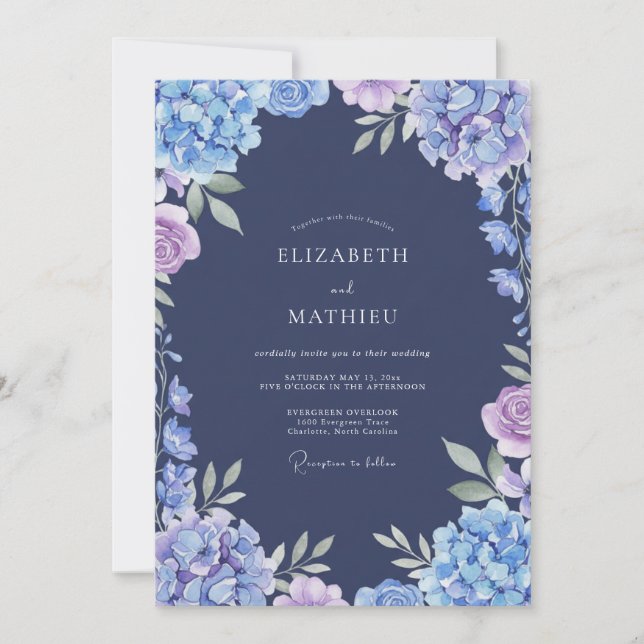 Invitation Mariage Navy Hydrangea Eucalyptus (Devant)