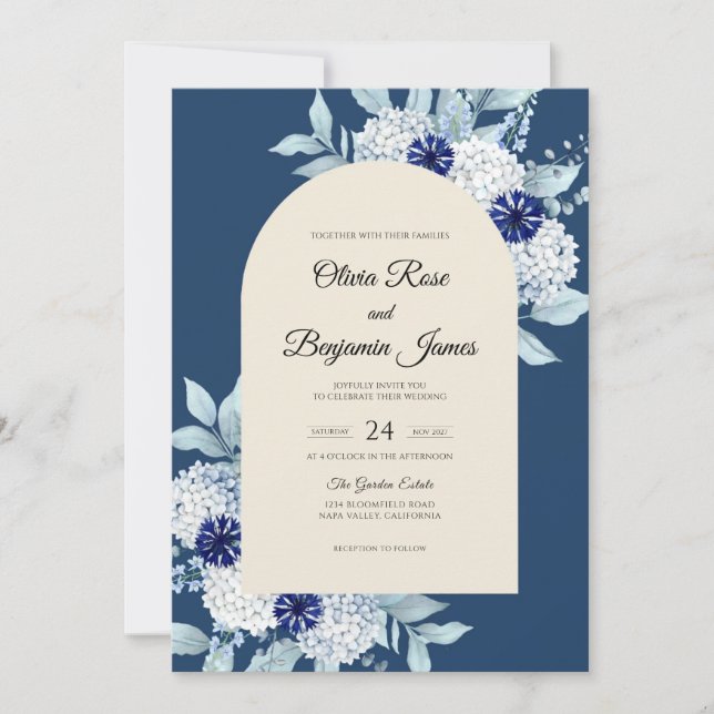 Invitation Mariage Navy Hydrangea Eucalyptus Muted (Devant)