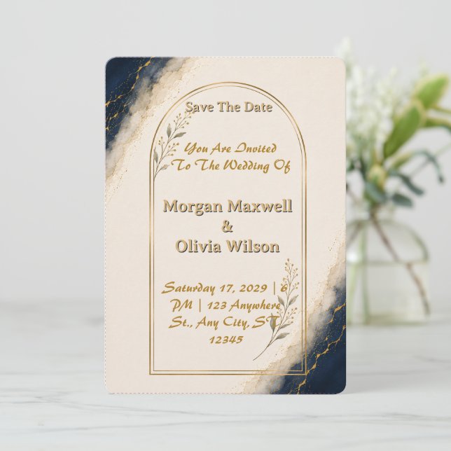 Invitation Mariage Navy Ivoire Or Arch (Debout devant)