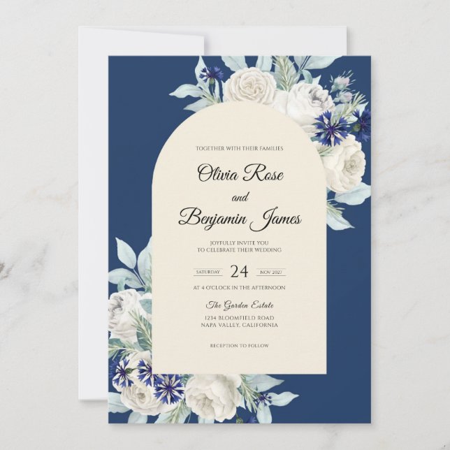 Invitation Mariage Navy Ivory Bloom (Devant)