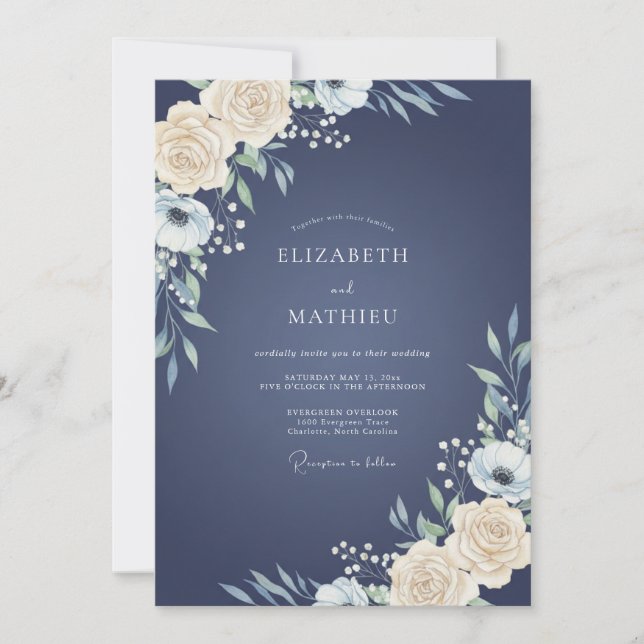 Invitation Mariage Navy Ivory Pivoine (Devant)