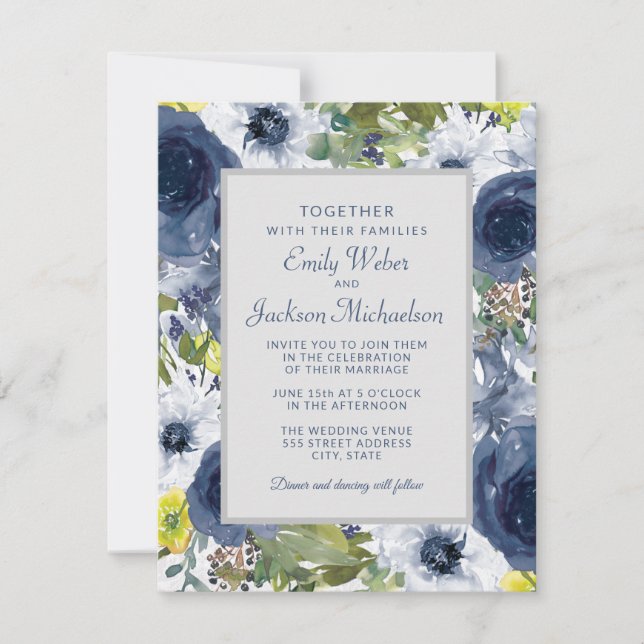 Invitation Mariage Navy Jaune Blanc Floral et Gris (Devant)