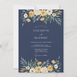 Invitation Mariage Navy Jaune Floral Élégant