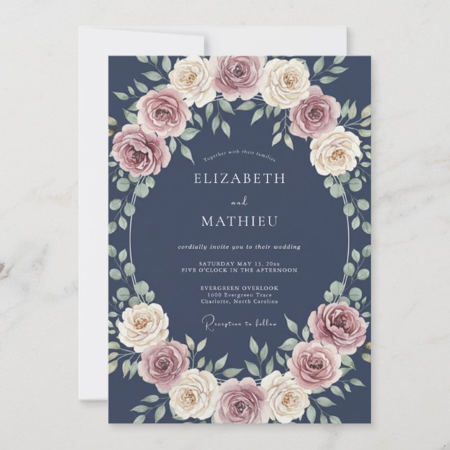 Invitation Mariage Navy Lush Rose (Devant)