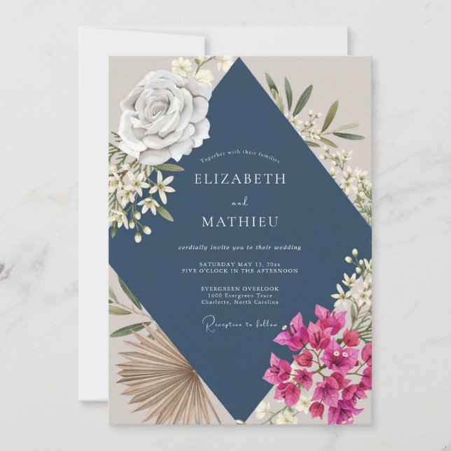 Invitation Mariage Navy Magenta Orchidée (Devant)