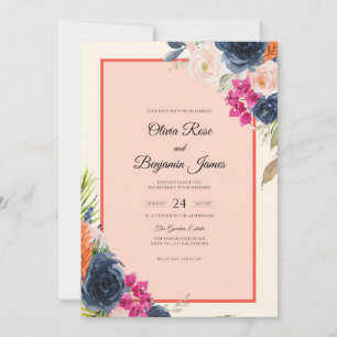 Invitation Mariage Navy Magenta Tropical Eucalyptus