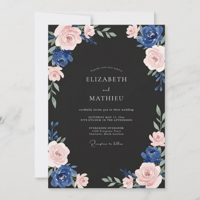 Invitation Mariage Navy Mauve Ranunculus Eucalyptus (Devant)