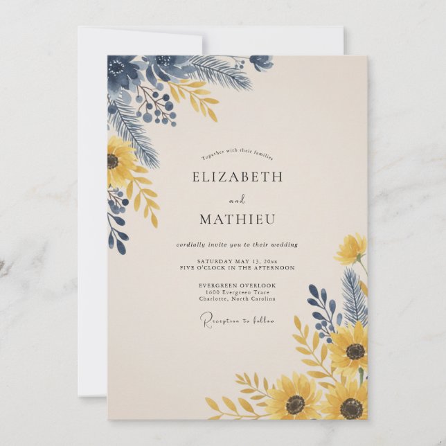 Invitation Mariage Navy Moutarde Tournesol Eucalyptus (Devant)