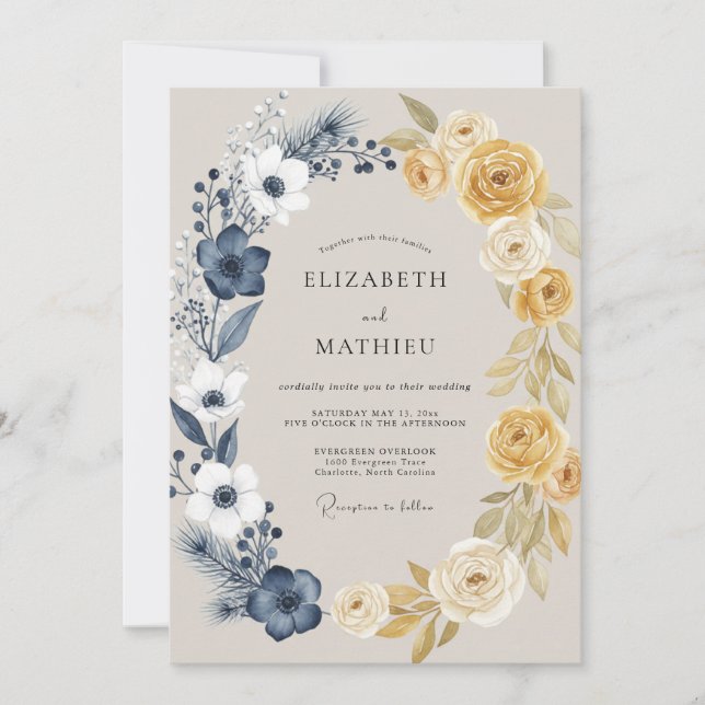 Invitation Mariage Navy Or Ranunculus Eucalyptus (Devant)