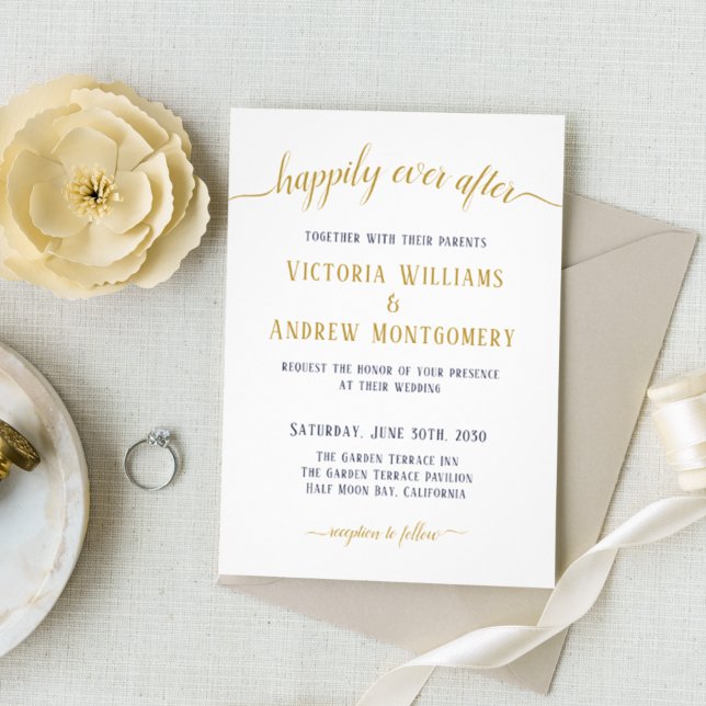 Invitation Mariage Navy Or Script Fin Heureuse (Créateur téléchargé)