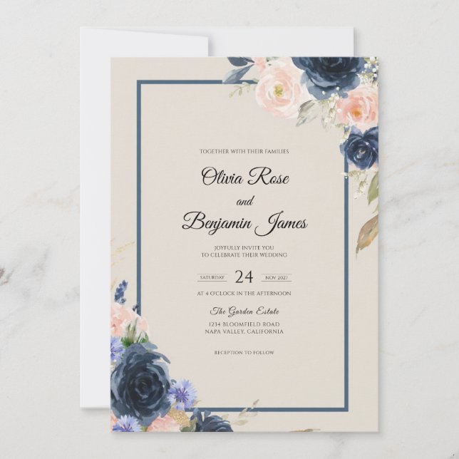 Invitation Mariage Navy Peach Bloom (Devant)