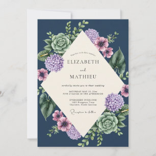 Invitation Mariage Navy Purple Eucalyptus Succulent