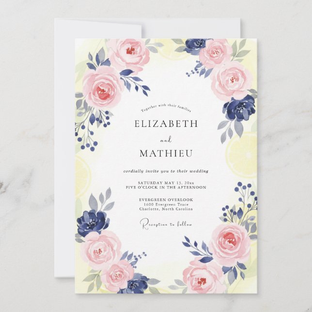 Invitation Mariage Navy Rose Pâle Pivoine (Devant)
