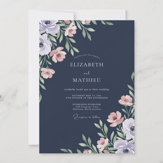 Invitation Mariage Navy Rose Poussiéreuse Feuillue (Devant)