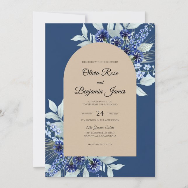 Invitation Mariage Navy Sable Bleuet Eucalyptus (Devant)