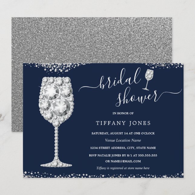 Invitation Mariage Navy Silver Diamond Bubbly Shower de Marié (Devant / Derrière)
