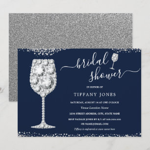 Invitation Mariage Navy Silver Diamond Bubbly Shower de Marié