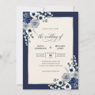 Invitation Mariage Navy White Bouquet Eucalyptus