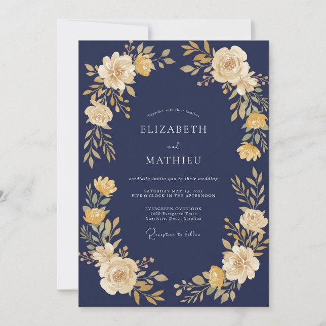 Invitation Mariage Navy Yellow Blossom Flourish (Devant)