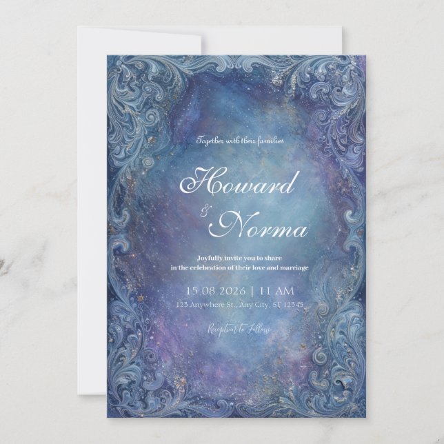 Invitation Mariage Nébuleuse Bleu Céleste Argent Baroque (Devant)