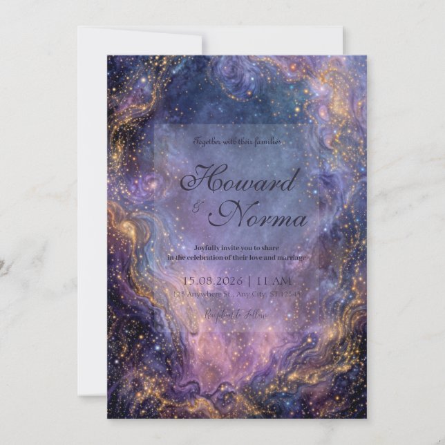 Invitation Mariage Nébuleuse Céleste Or Violet Vibrant (Devant)