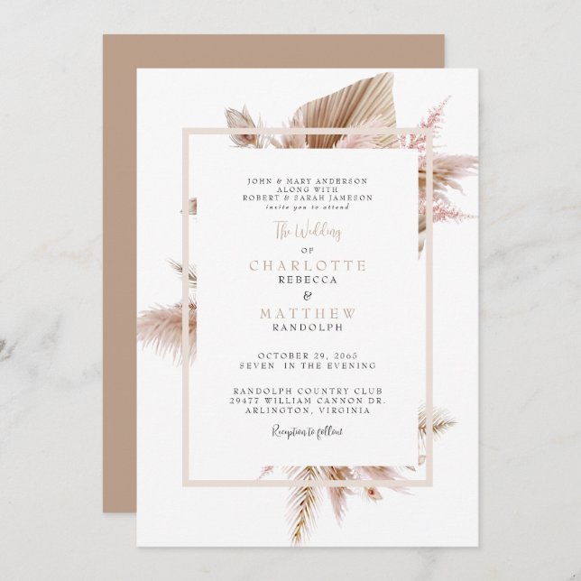 Invitation Mariage neutre Pampas (Devant / Derrière)