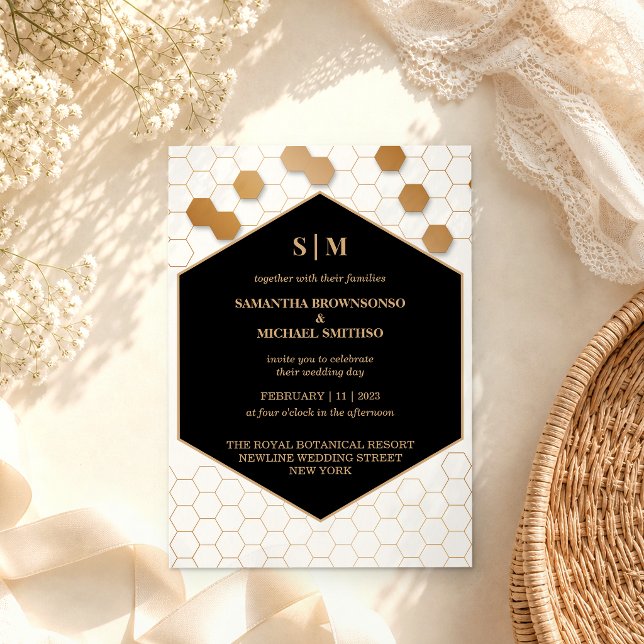Invitation Mariage Nid d'Abeille Or Noir Blanc (Créateur téléchargé)