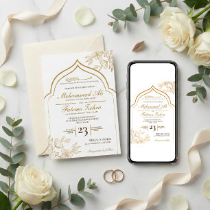 Invitation Mariage Nikah Musulman Masjid Floral Élégant Or