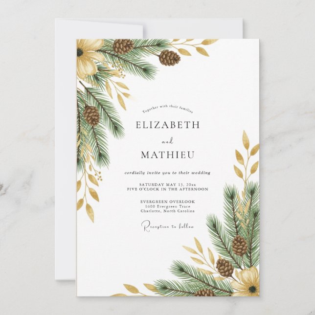 Invitation Mariage Noble Bois de Pin Vert (Devant)