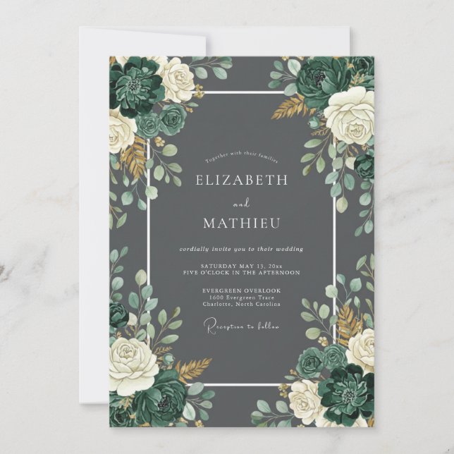 Invitation Mariage Noble en Forêt Grise Charbon (Devant)