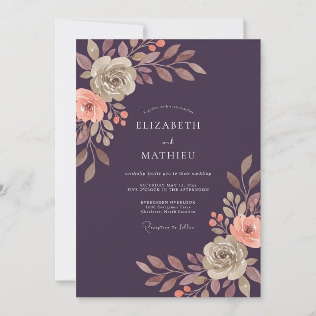 Invitation Mariage Noces Pivoine Pêche Douce Prune (Devant)