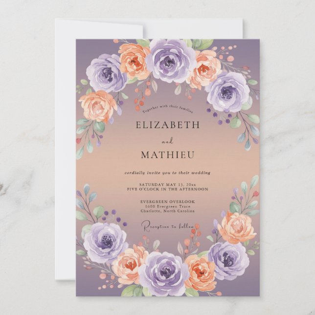 Invitation Mariage Noces Pivoine Violette Abricot (Devant)