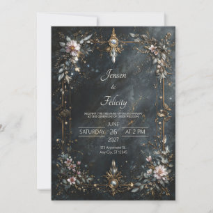 Invitation Mariage Nocturne Élégant Bleu Nuit Or Rose Floral