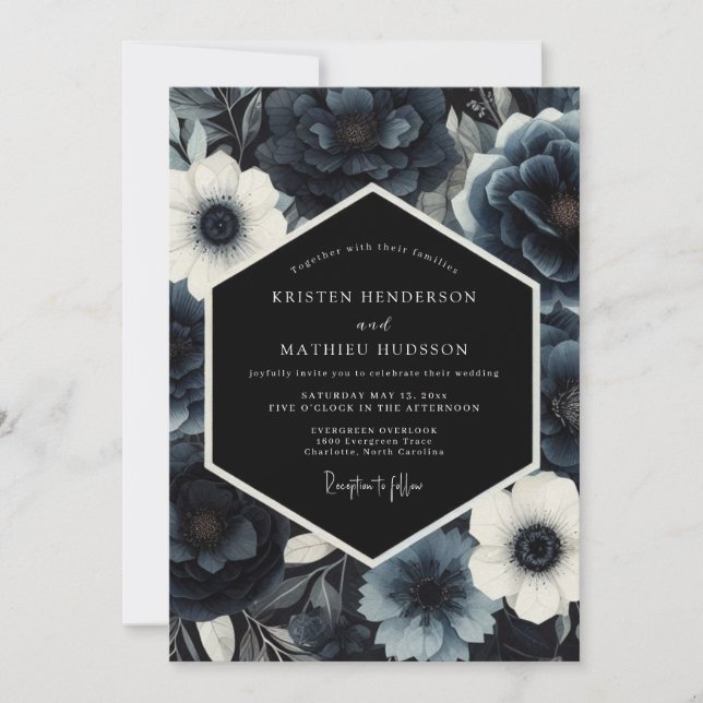 Invitation Mariage Nocturne Floral Navy Moody (Devant)