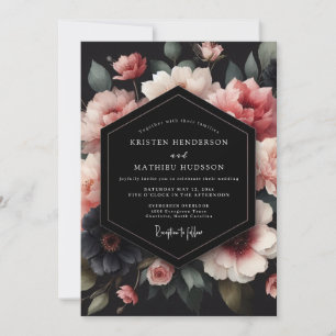 Invitation Mariage Nocturne Pétales Rouge Charbon