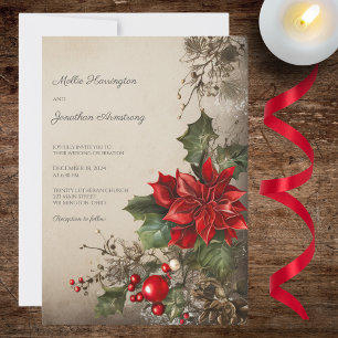 Invitation Mariage Noël Vintage Pin & Poinsettias