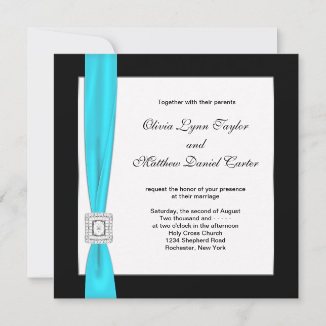 Invitation Mariage Nœud Bleu Turquoise Noir Blanc (Devant)