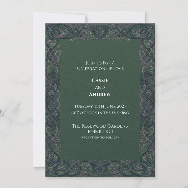 Invitation Mariage Nœud Celtique Vert Foncé Chardon (Devant)