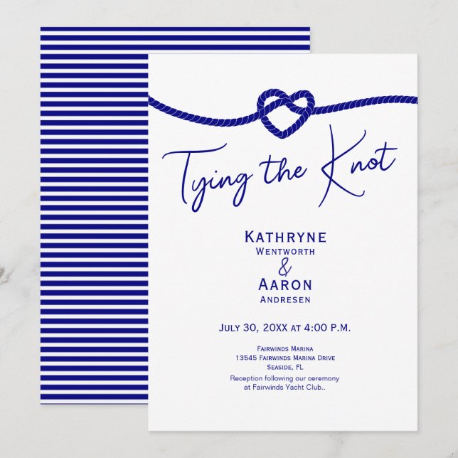 Invitation Mariage Nœud Marin Classique Blanc et Navy (Devant / Derrière)