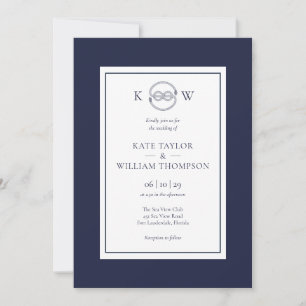 Invitation Mariage Nœud Nautical Bleu Marine Monogramme