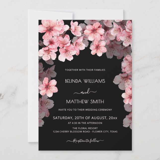Invitation Mariage noir à l'aquarelle Cerisier Fleur (Devant)