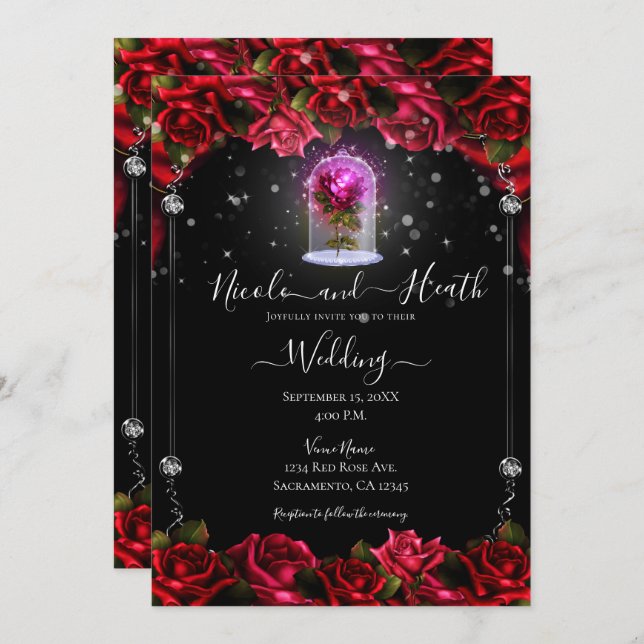 Invitation Mariage noir argenté rouge brillant (Devant / Derrière)