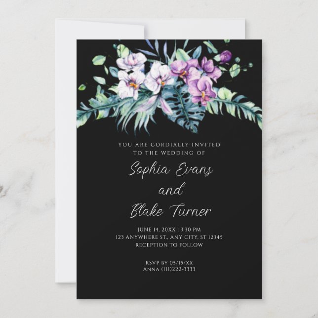 Invitation Mariage Noir aux Fleurs Élégantes Blanches et Viol (Devant)