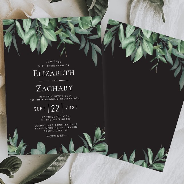 Invitation Mariage Noir avec Bordure de Verdure Luxuriante (Créateur téléchargé)