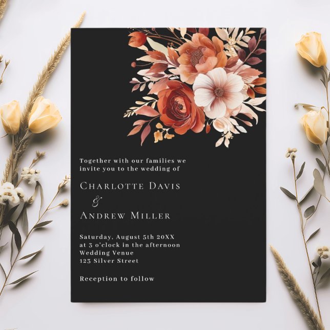 Invitation Mariage noir beige brûlé orangé floraux (Créateur téléchargé)