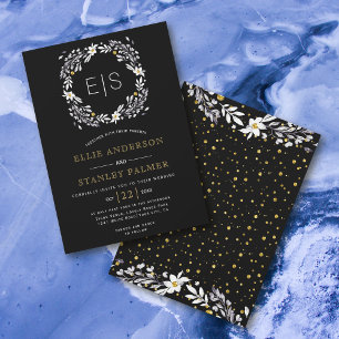 Invitation Mariage noir blanc à cadre floral or confetti