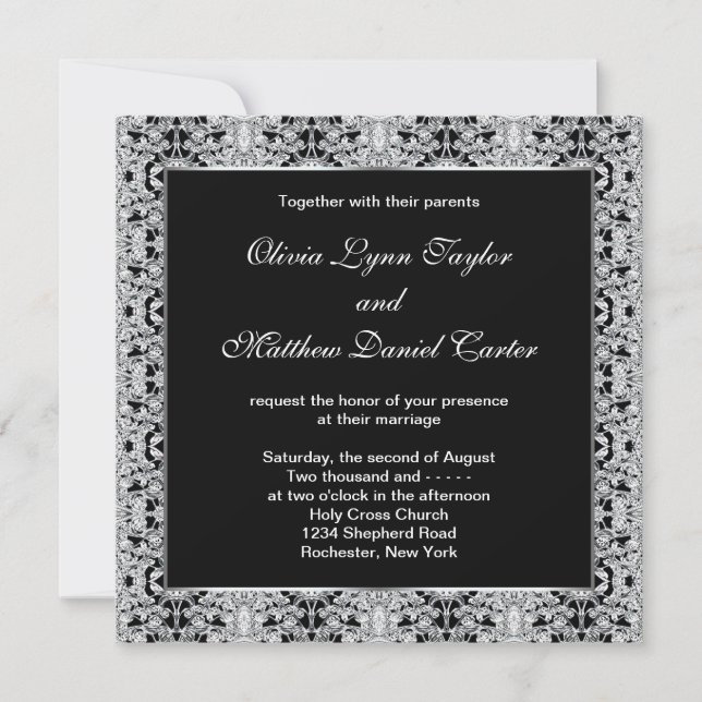 Invitation Mariage noir blanc argent en dentelle (Devant)